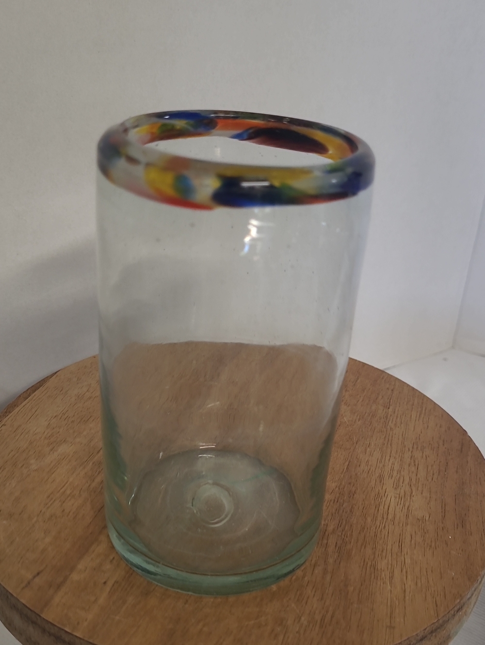 Vintage Handblown Mexican Clear Glass Tumbler with Multicolor Rim